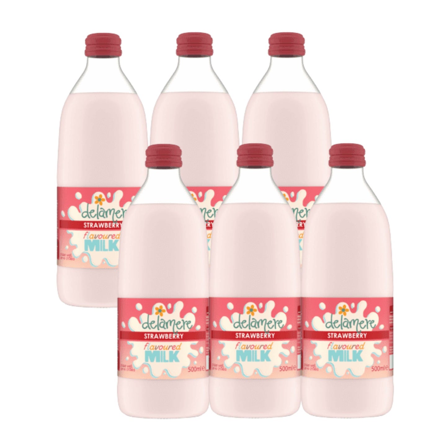 Delamere Dairy strawberry flavoured milk 6x500ml glass bottles on white background