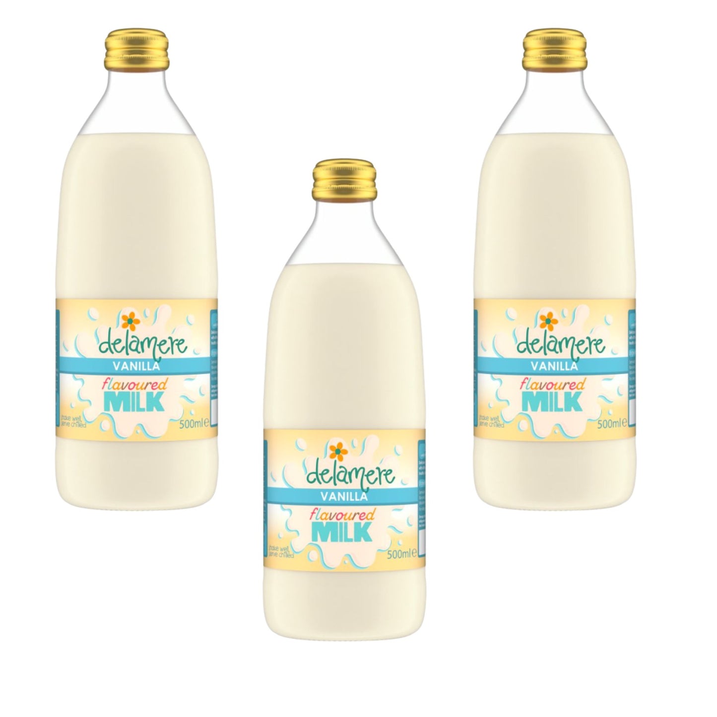 Delamere Dairy vanilla flavoured milk 3x500ml glass bottles on white background