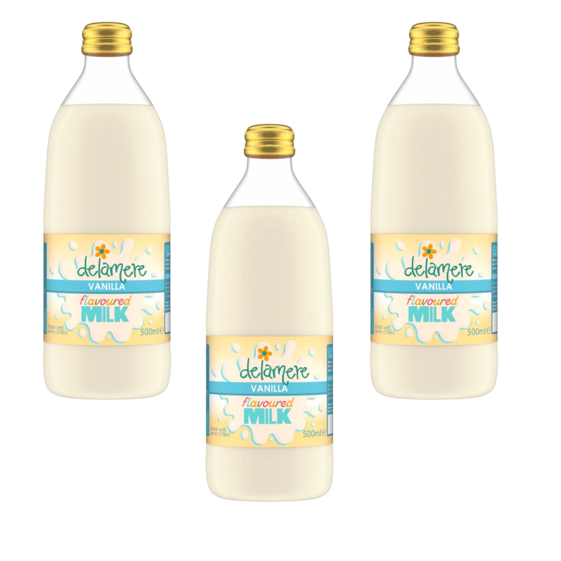 Delamere Dairy vanilla flavoured milk 3x500ml glass bottles on white background