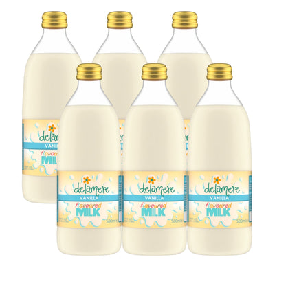Delamere Dairy vanilla flavoured milk 6x500ml glass bottles on white background