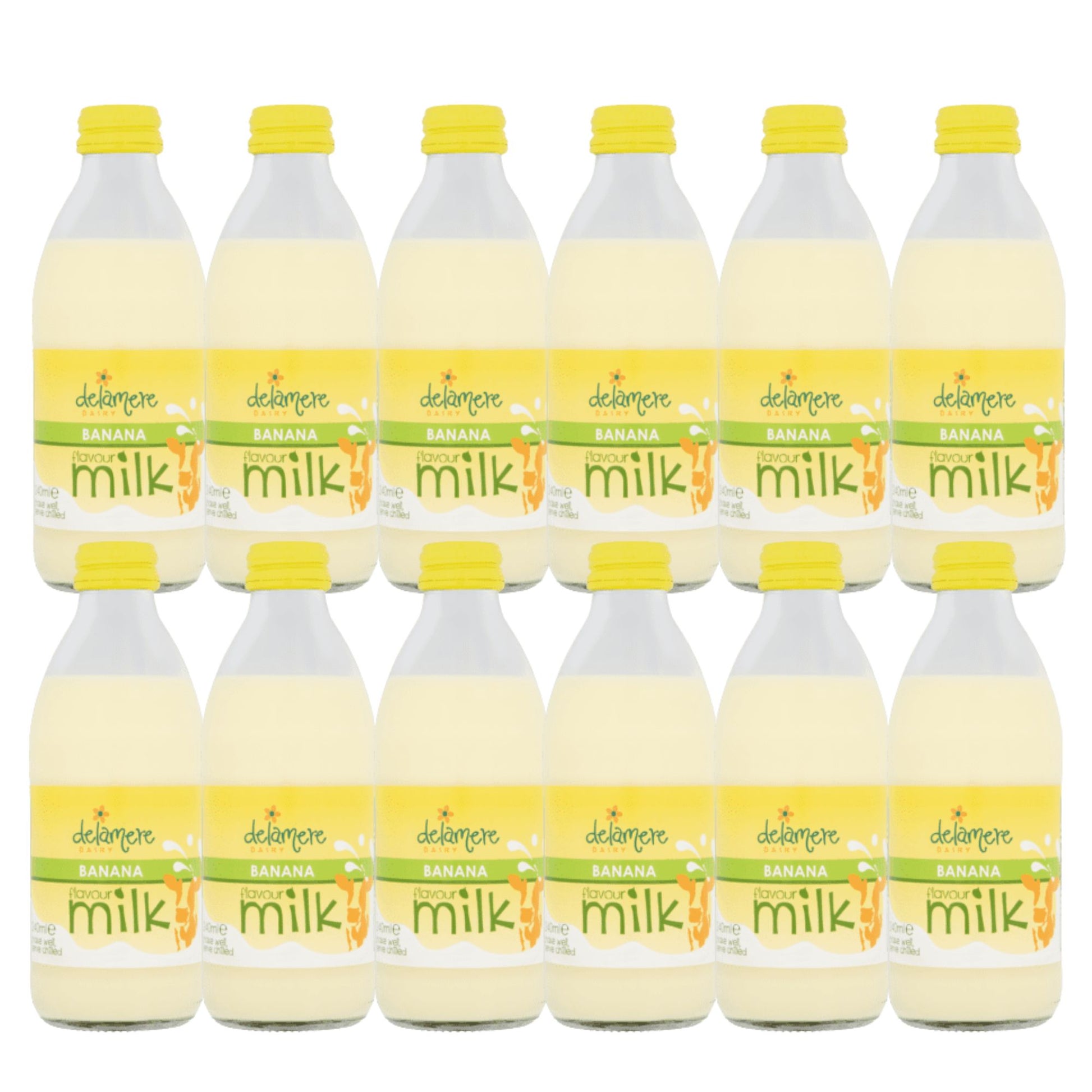 Delamere Dairy banana flavoured milk 12x240ml glass bottles on white background