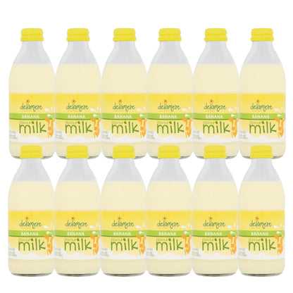 Delamere Dairy banana flavoured milk 12x240ml glass bottles on white background