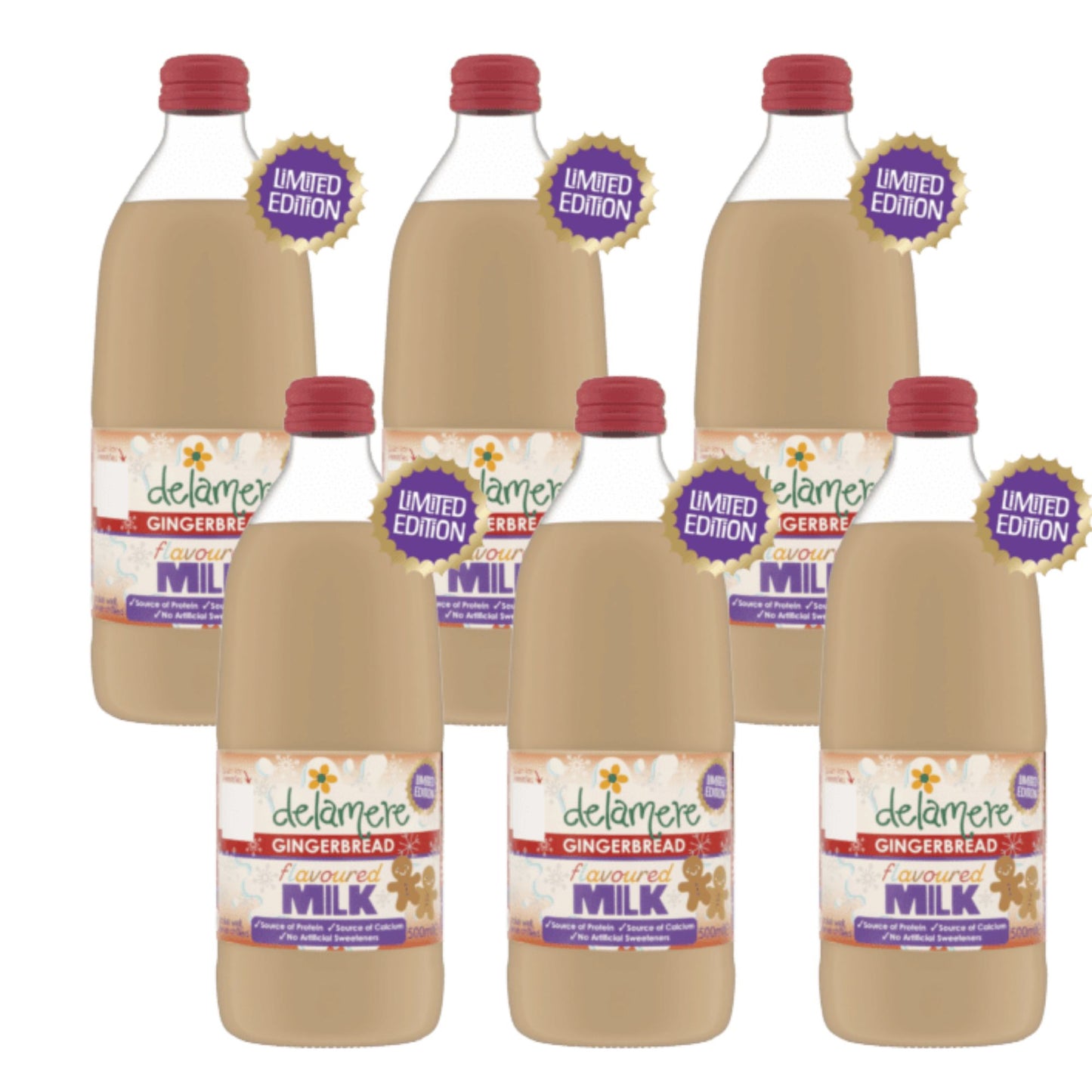 Delamere Dairy gingerbread flavoured milk 6x500ml glass bottles on white background