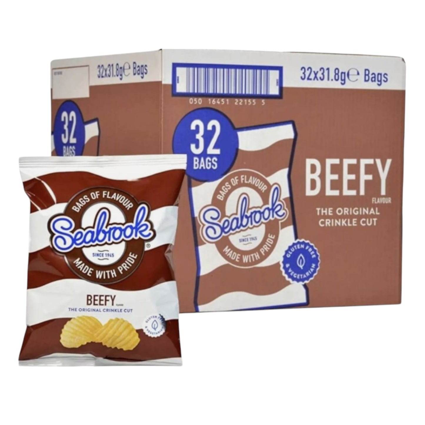 Seabrook Crinkle Cut crisps Beefy flavour 32 x 31.8g full box on white background