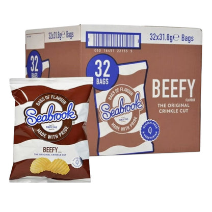 Seabrook Crinkle Cut crisps Beefy flavour 32 x 31.8g full box on white background