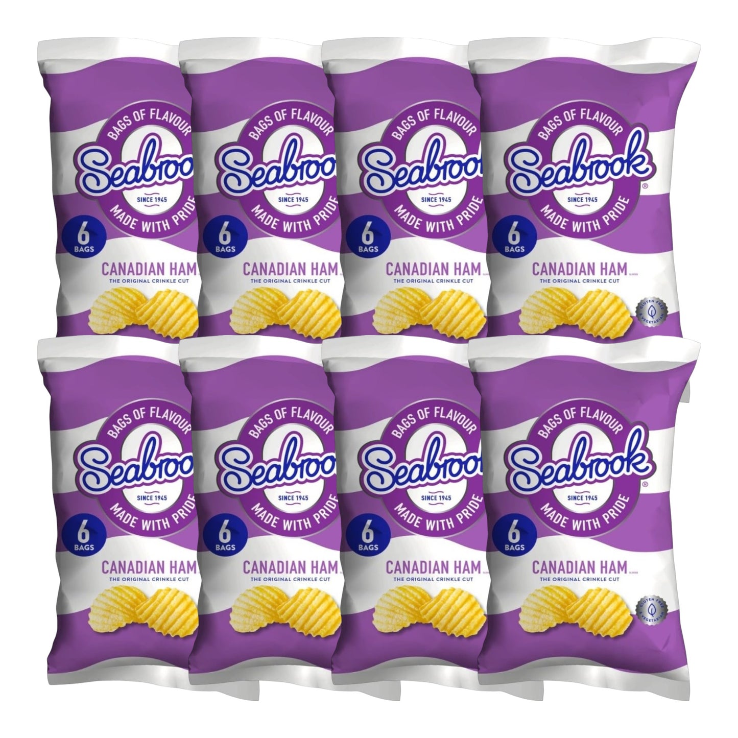 Seabrook Crinkle Cut crisps Canadian Ham flavour 8 multipacks of 6 packs on white background