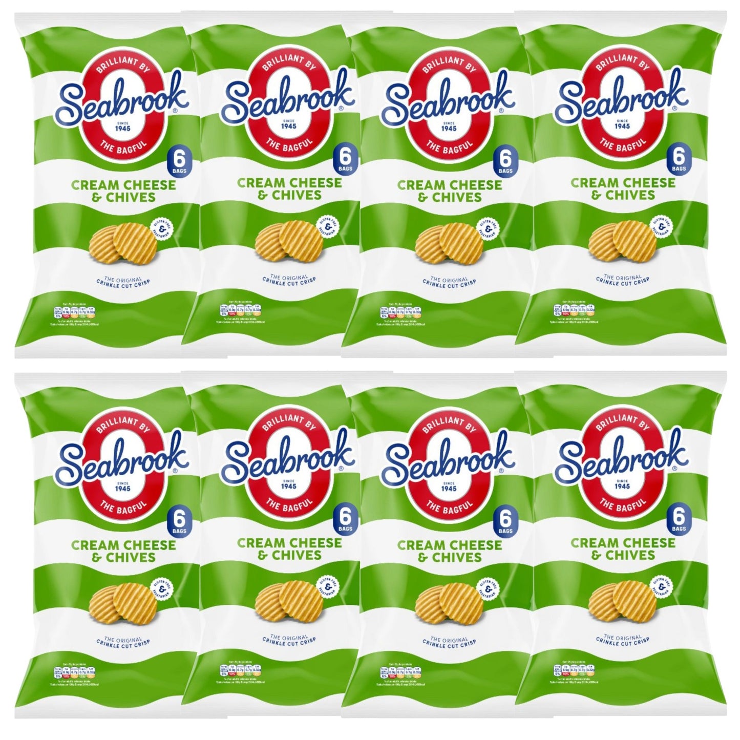 Seabrook Crinkle Cut crisps Cream Cheese & Chives flavour 8 x 6 pack on white background
