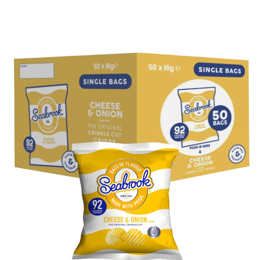 Seabrook Crinkle Cut crisps Cheese & Onion flavour 50 x 18g box on white background