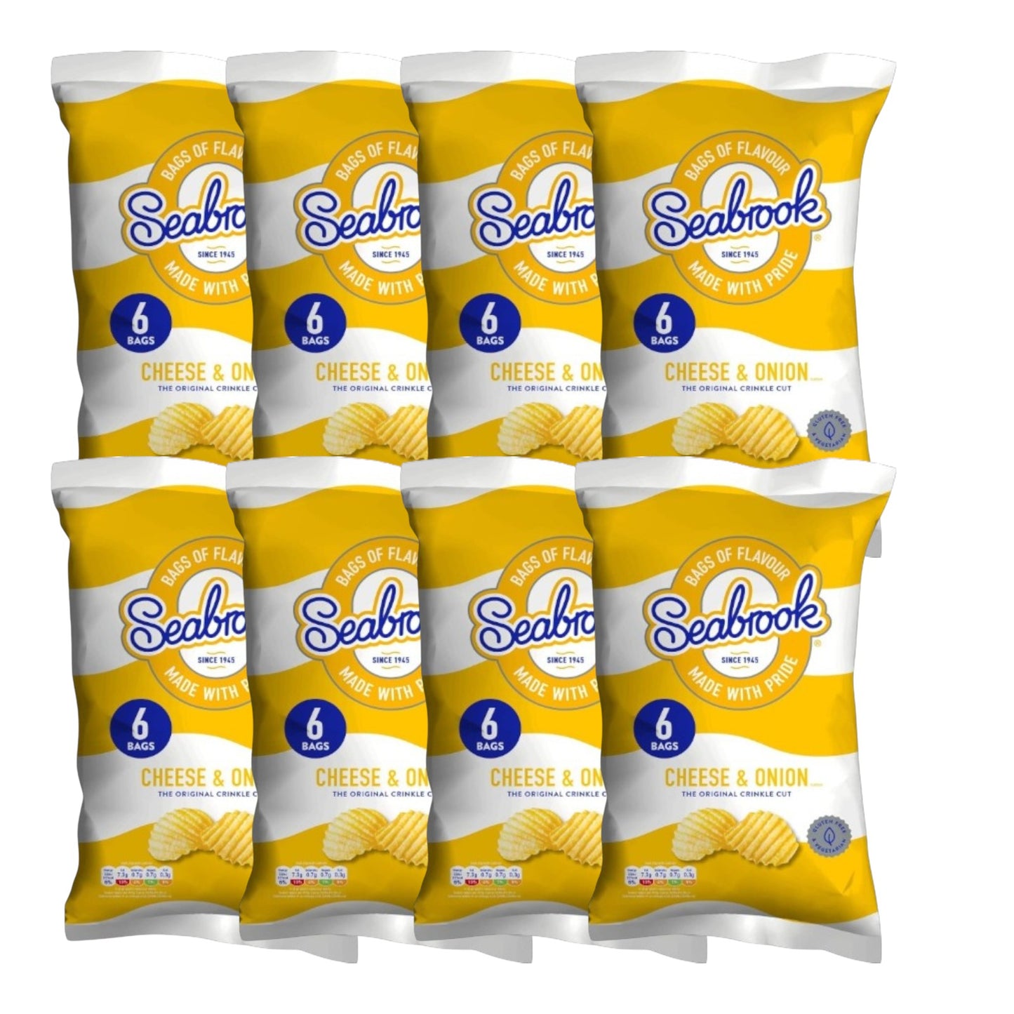 Seabrook Crinkle Cut crisps Cheese & Onion flavour 8 multipacks of 6 packs on white background