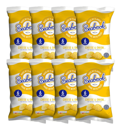 Seabrook Crinkle Cut crisps Cheese & Onion flavour 8 multipacks of 6 packs on white background