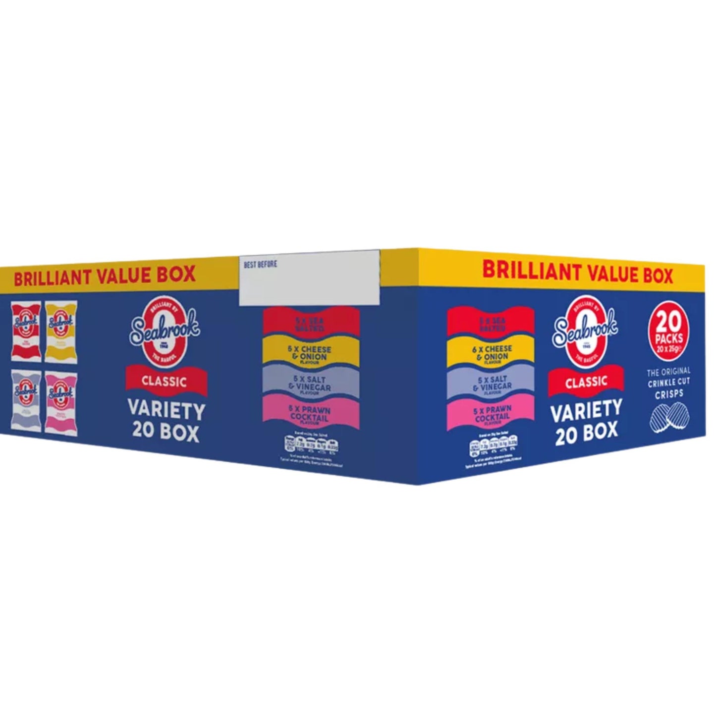 Seabrook Crinkle Cut variety crisps box 20 packs in classic flavours: Sea Salted, Cheese & Onion, Salt & Vinegar, Prawn Cocktail