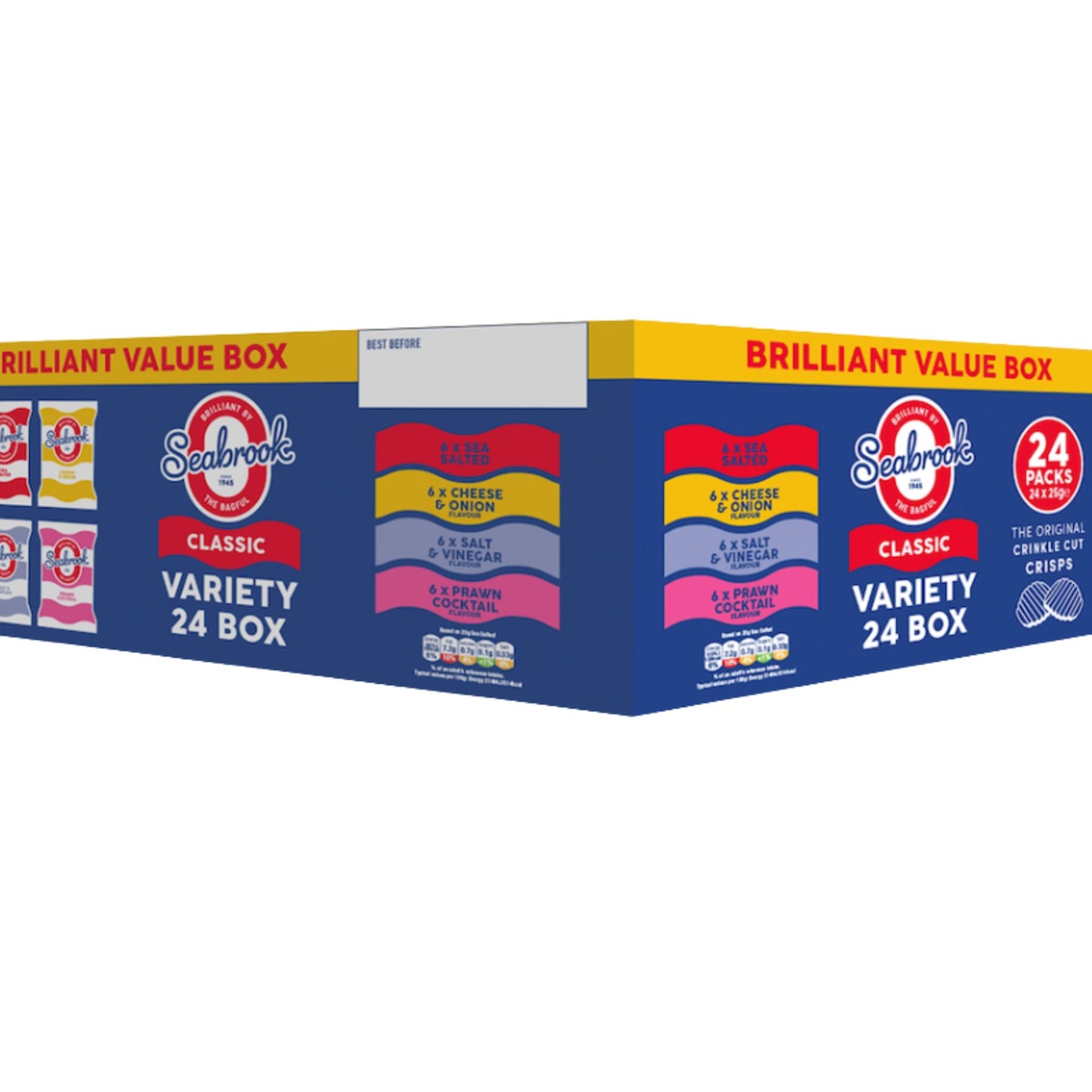 Seabrook Crinkle Cut variety crisps box 24 packs in classic flavours: Sea Salted, Cheese & Onion, Salt & Vinegar, Prawn Cocktail