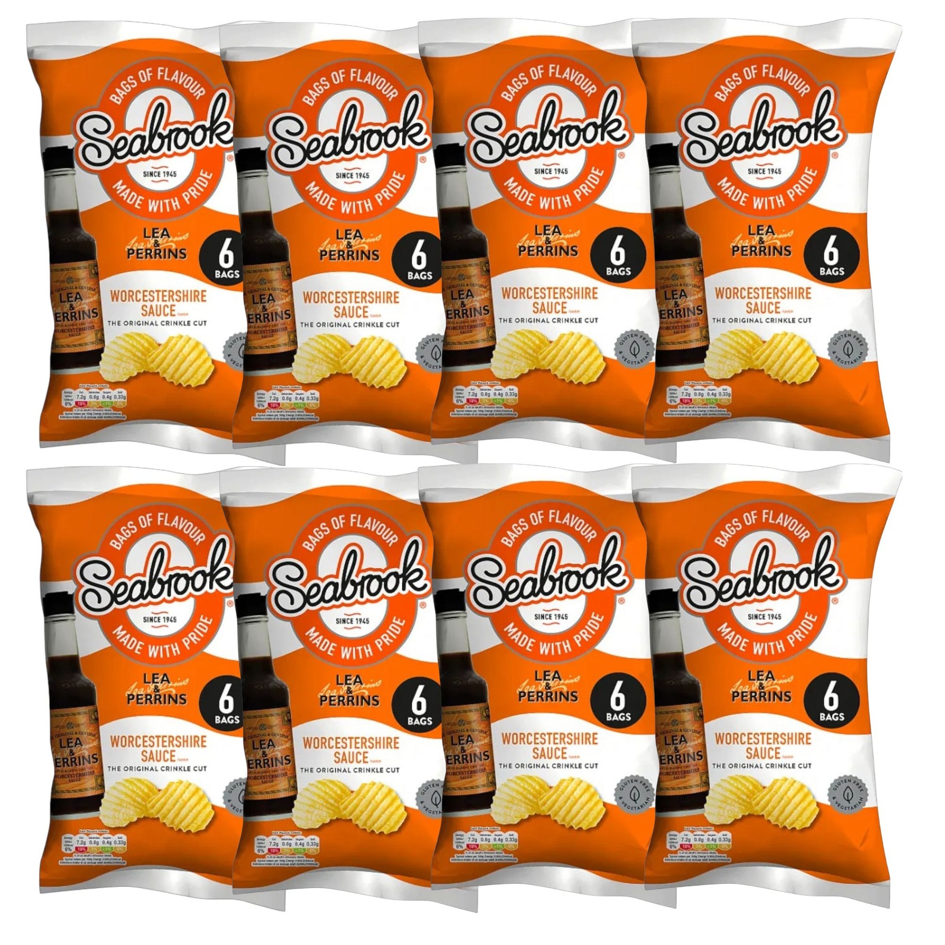 Seabrook Crinkle Cut Crisps multipacks Lea & Perrins Worcestershire Sauce flavour 8 x 6 pack on white background