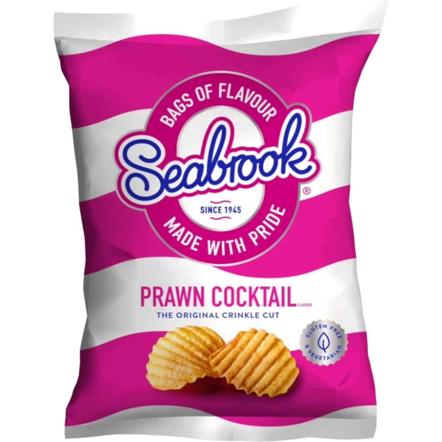 Seabrook Crinkle Cut crisps Prawn Cocktail flavour 31.8g pack on white background