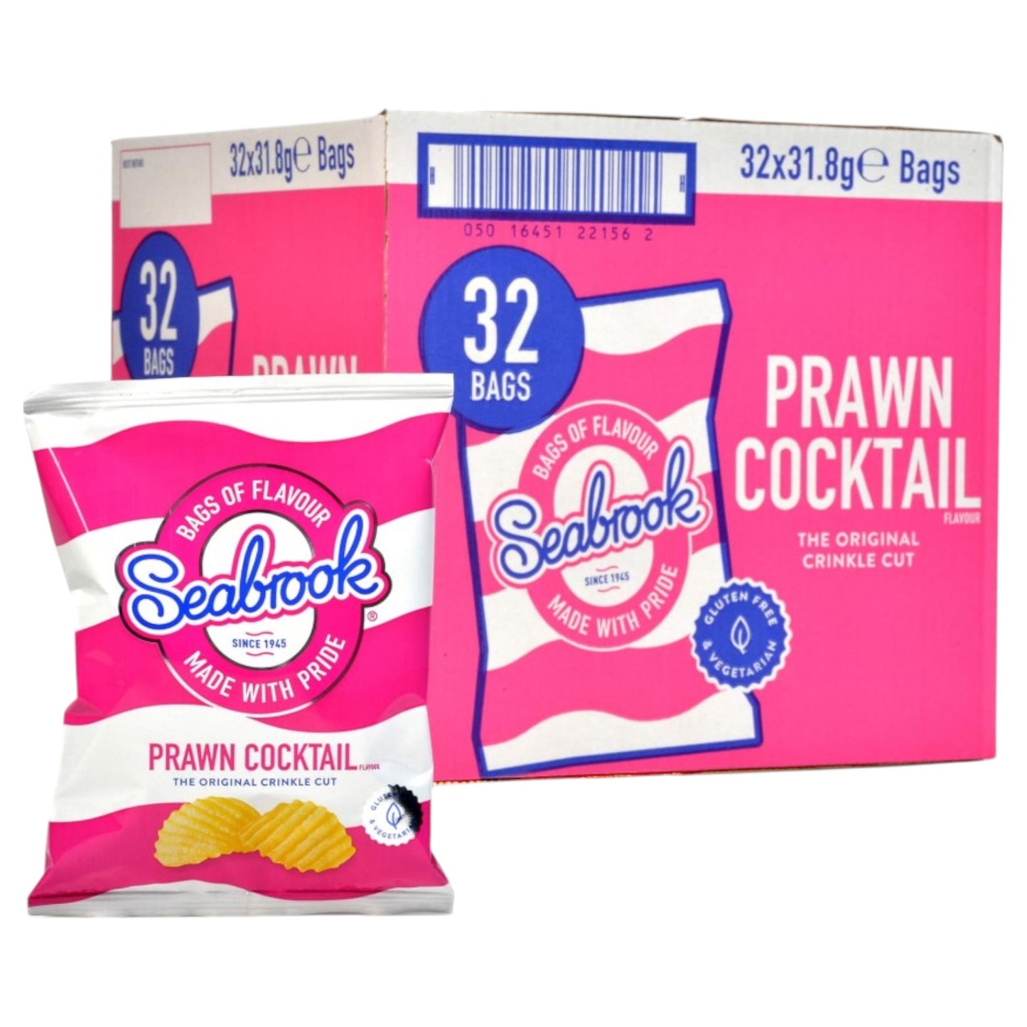 Seabrook Crinkle Cut crisps Prawn Cocktail flavour 32 x 31.8g full box on white background