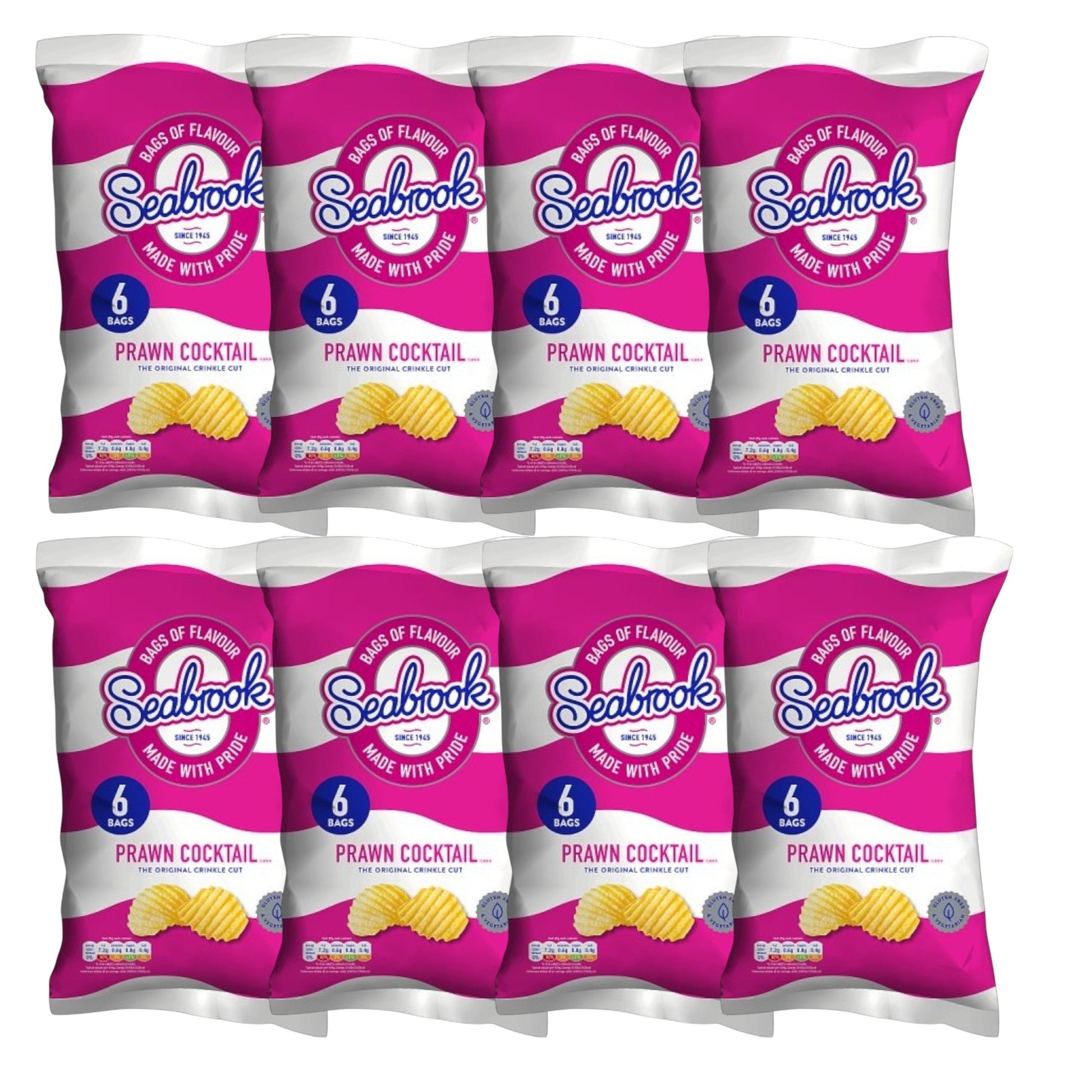 Seabrook Crinkle Cut crisps prawn cocktail flavour 8 x 6 pack on white background
