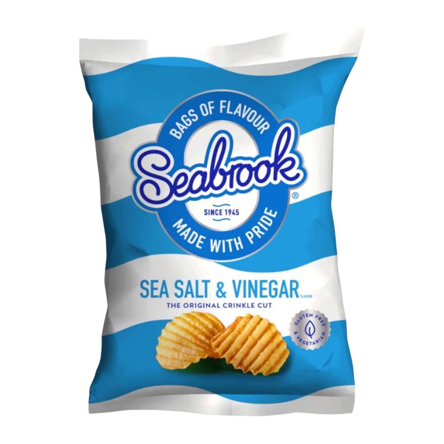 Seabrook Crinkle Cut crisps Sea Salt & Vinegar flavour 31.8g pack on a white background