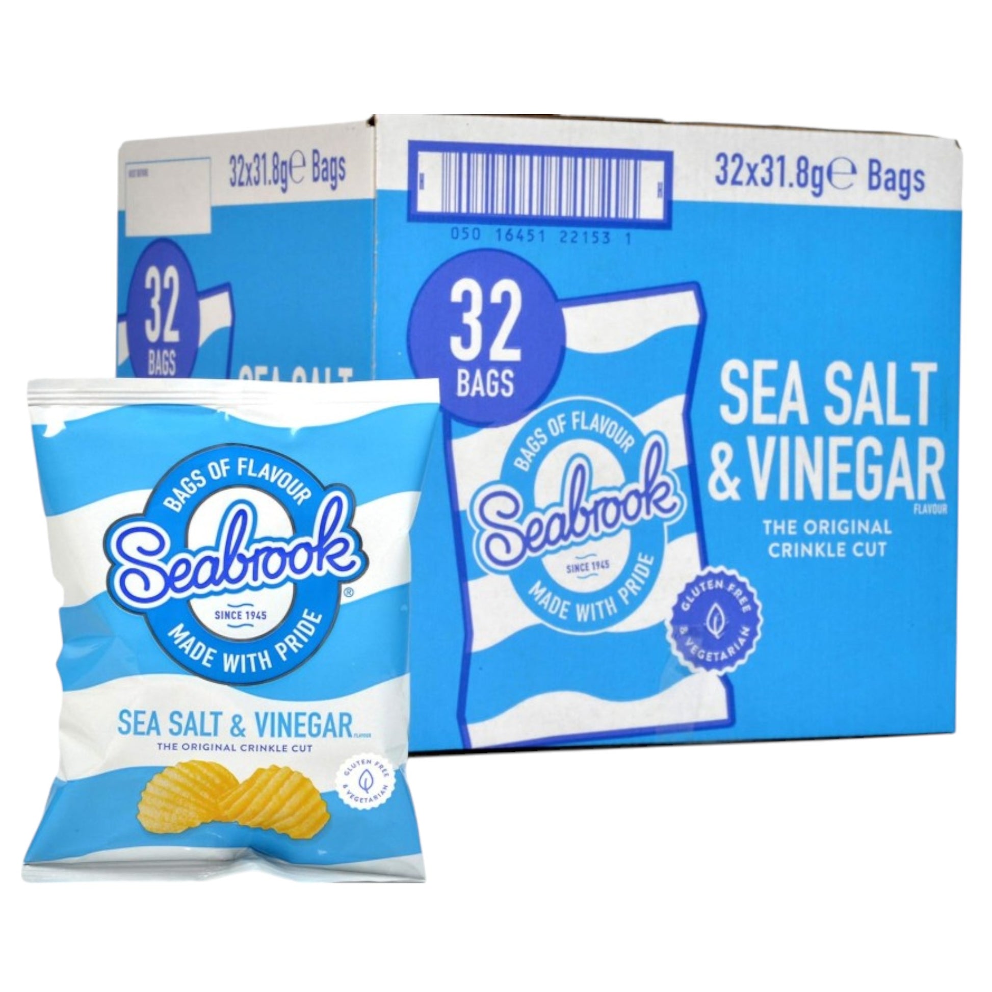Seabrook Crinkle Cut crisps Sea Salt & Vinegar flavour 32 x 31.8g full box on white background