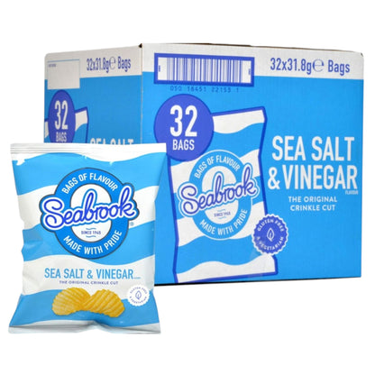 Seabrook Crinkle Cut crisps Sea Salt & Vinegar flavour 32 x 31.8g full box on white background