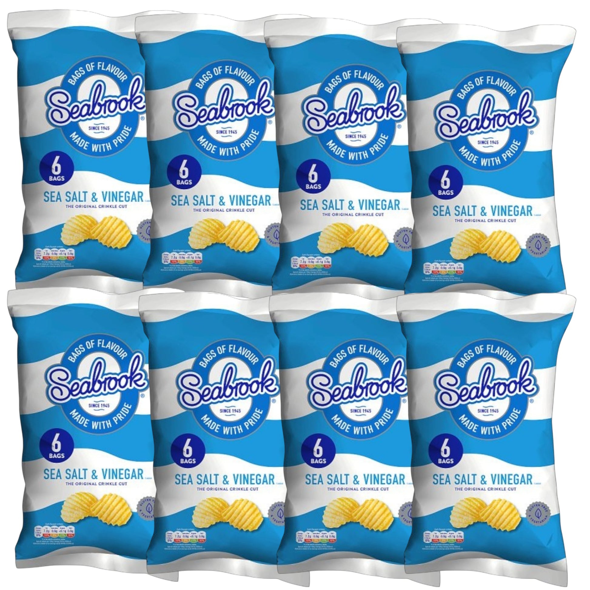 Seabrook Crinkle Cut crisps Sea Salt & vinegar flavour 8 x 6 pack on white background