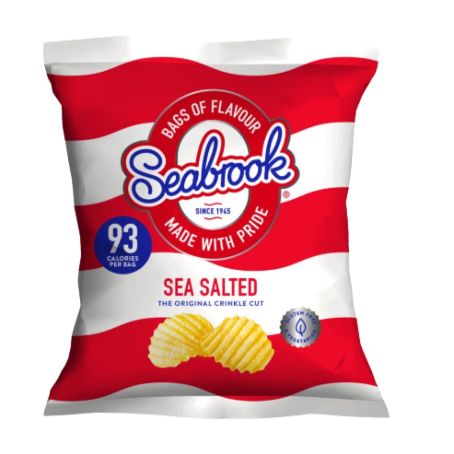 Seabrook Crinkle Cut crisps Original Sea Salted flavour 18g packet on white background