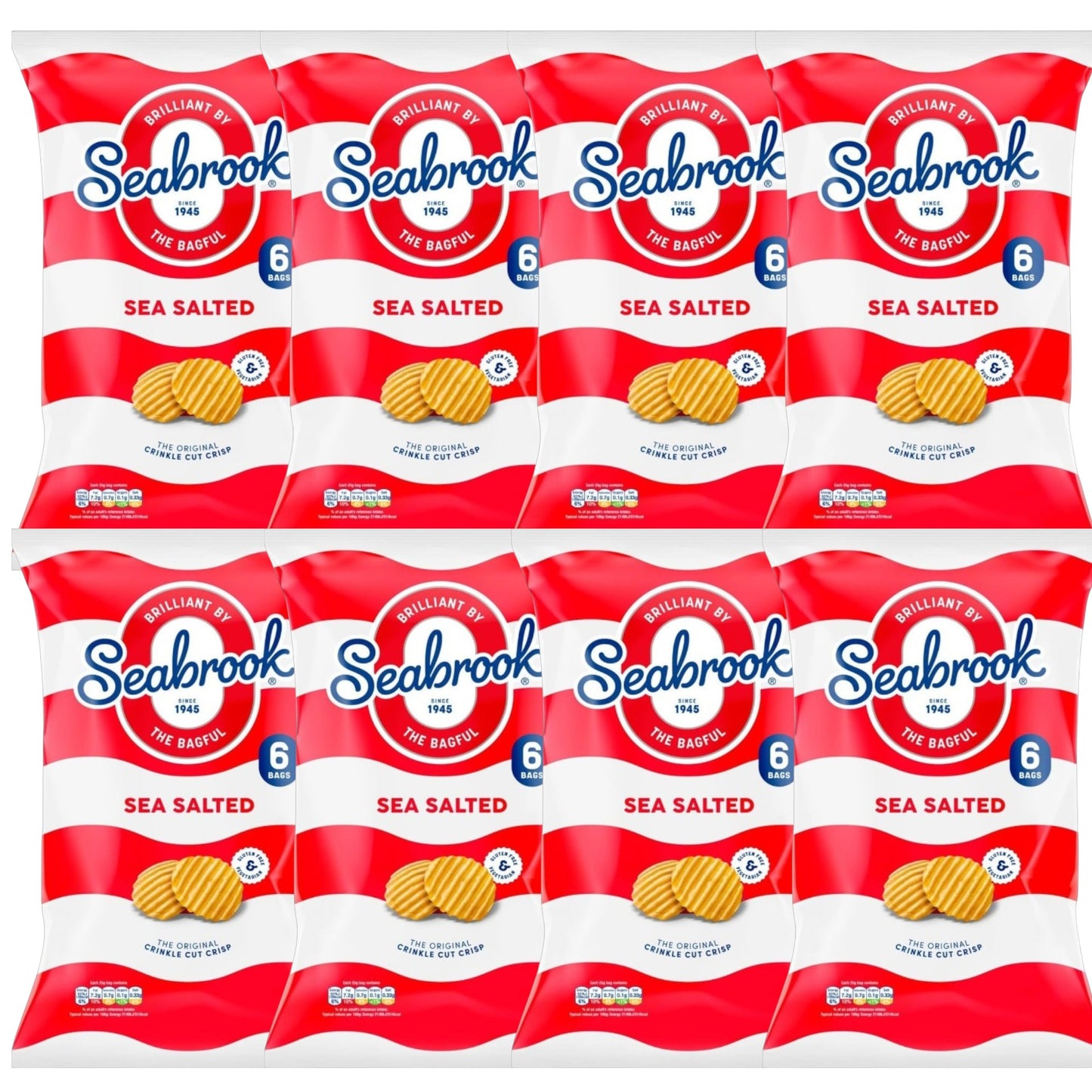 Seabrook Crinkle Cut crisps Sea Salted flavour 8 multipacks of 6 packs on white background