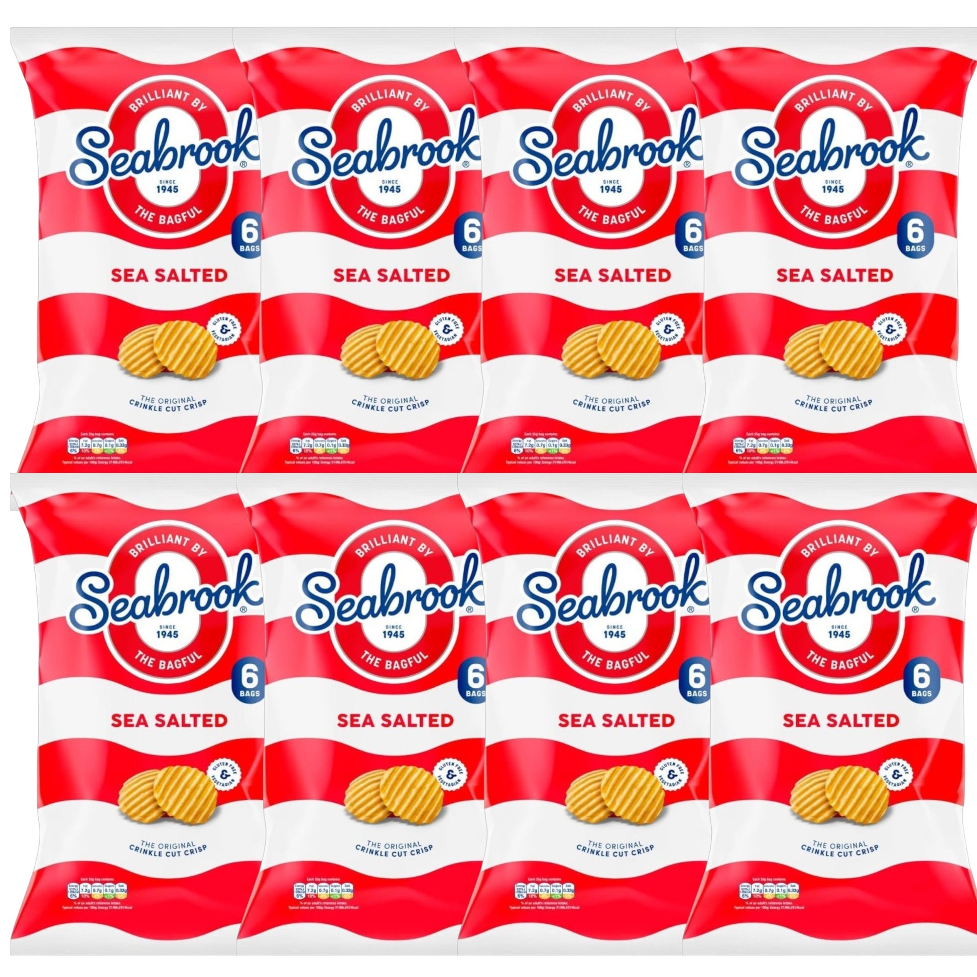Seabrook Crinkle Cut crisps Sea Salted flavour 8 multipacks of 6 packs on white background
