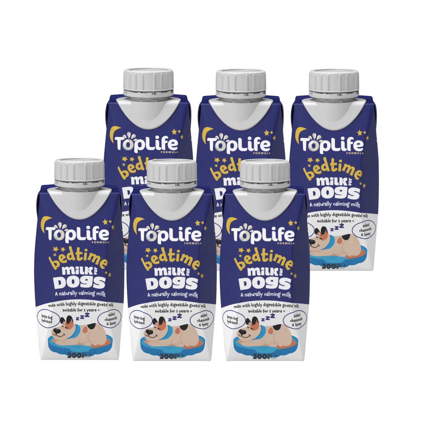 TopLife bedtime milk for dogs 6x200ml cartons on white background