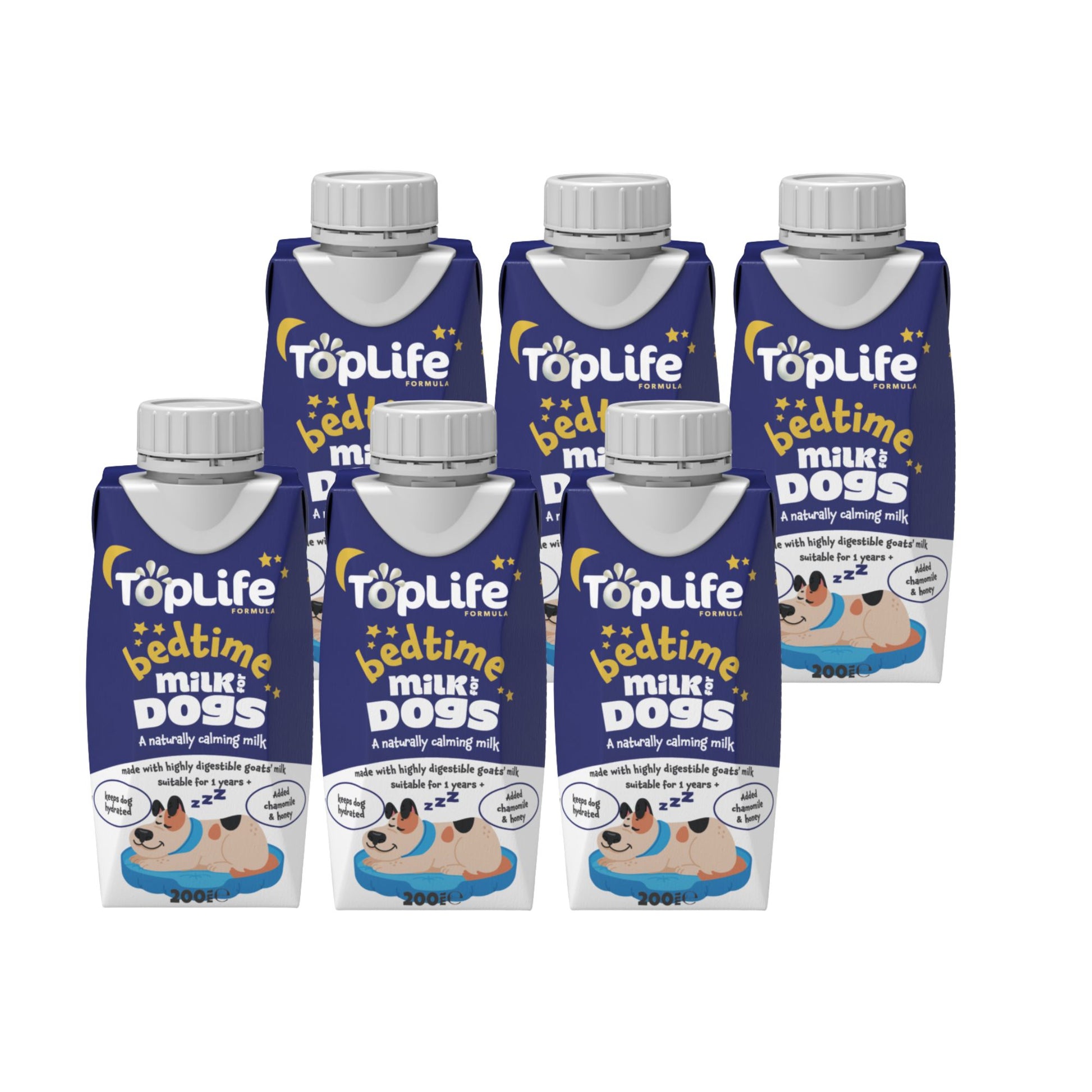 TopLife bedtime milk for dogs 6x200ml cartons on white background