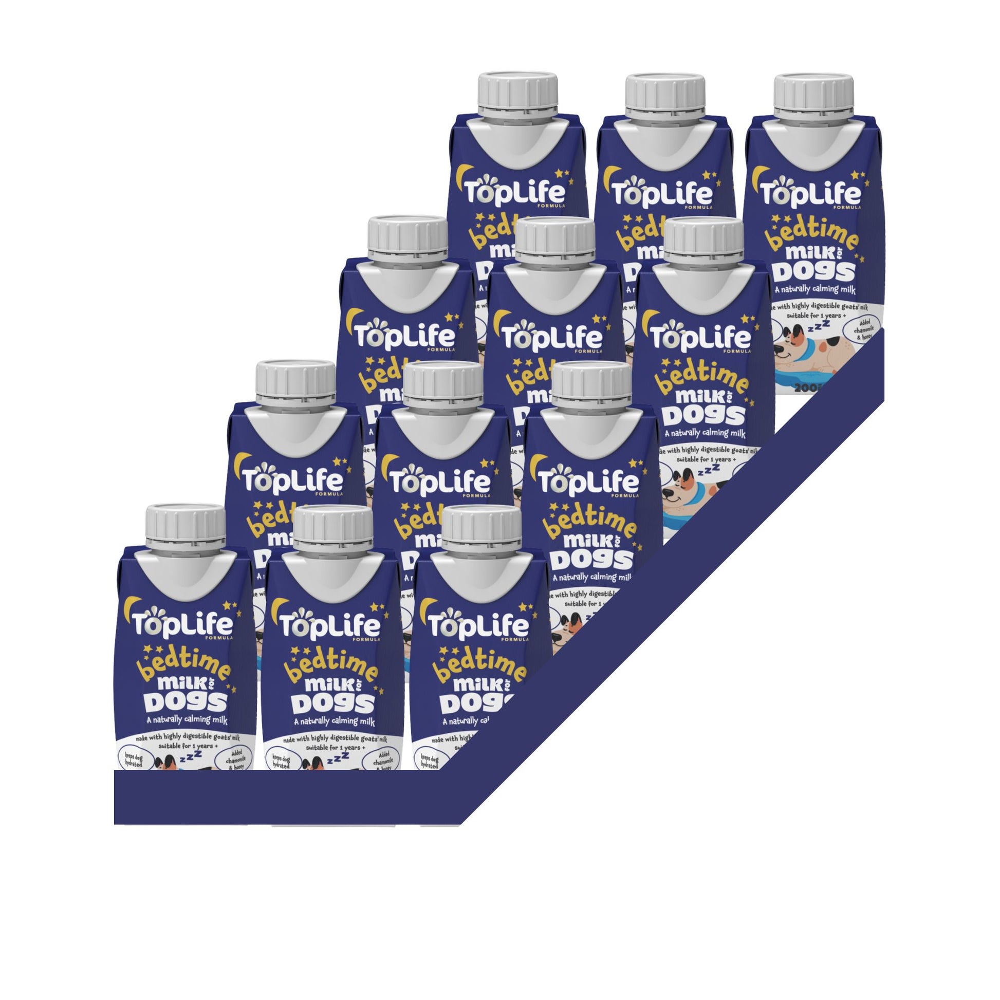 TopLife bedtime milk for dogs 12x200ml cartons on white background