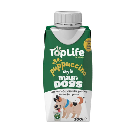 TopLife Puppuccino-Style Milk for Dogs Carton, 200ml, on a white background.