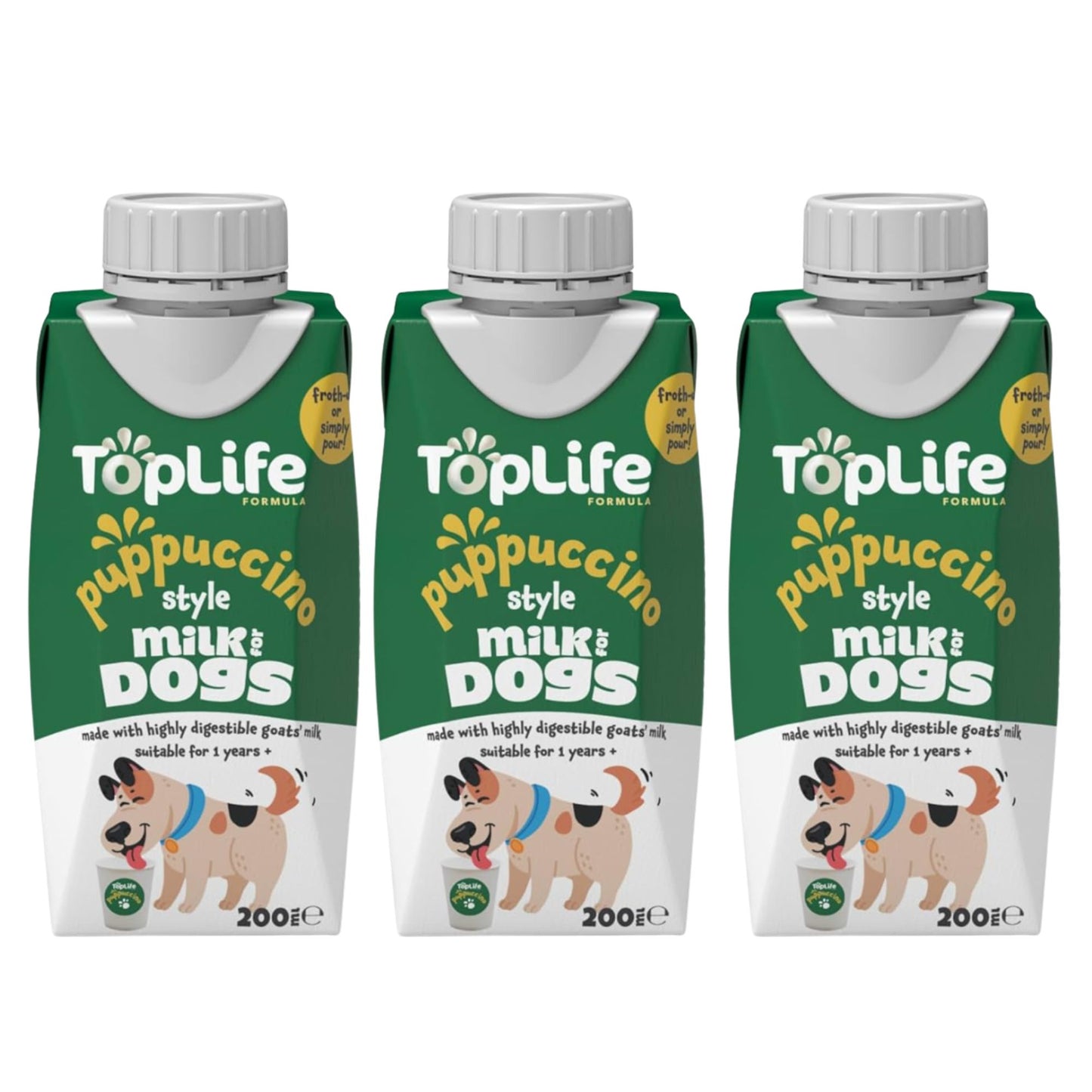 TopLife Puppuccino-Style Milk for Dogs Cartons, 3 x 200ml, on a white background.