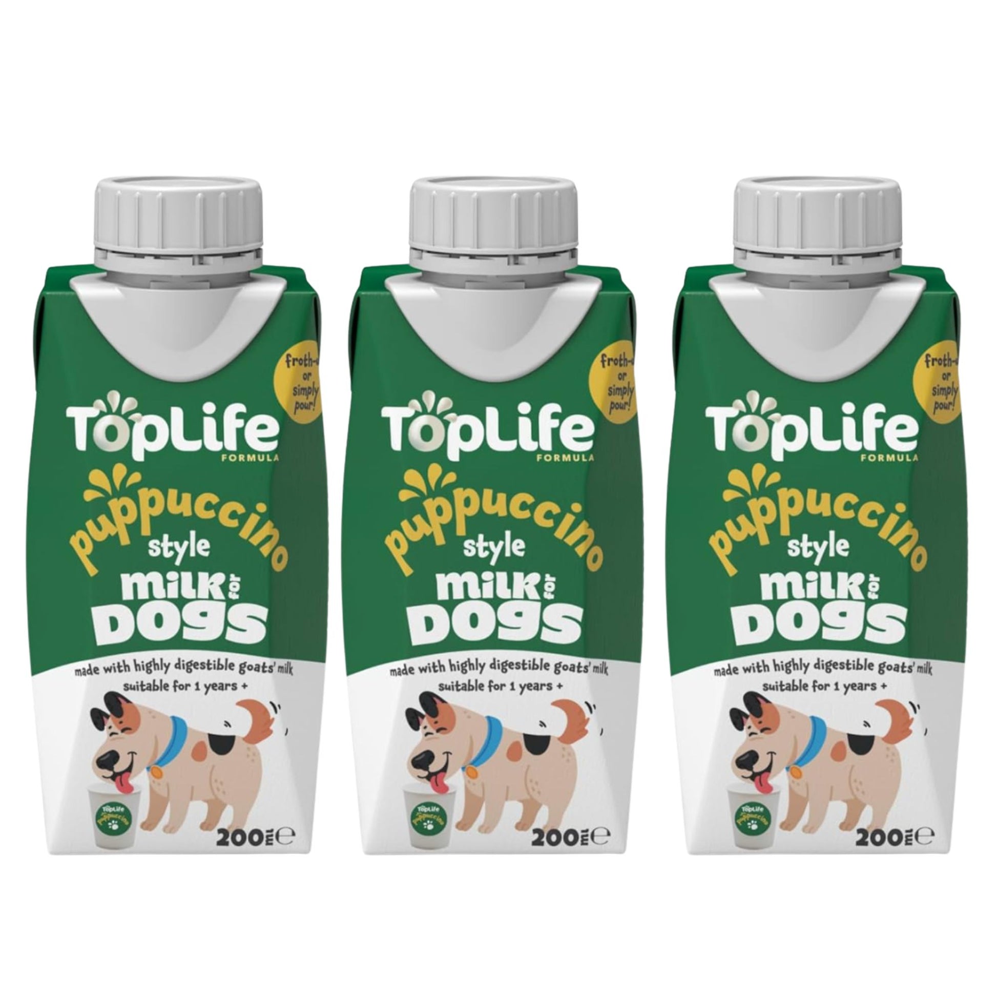 TopLife Puppuccino-Style Milk for Dogs Cartons, 3 x 200ml, on a white background.