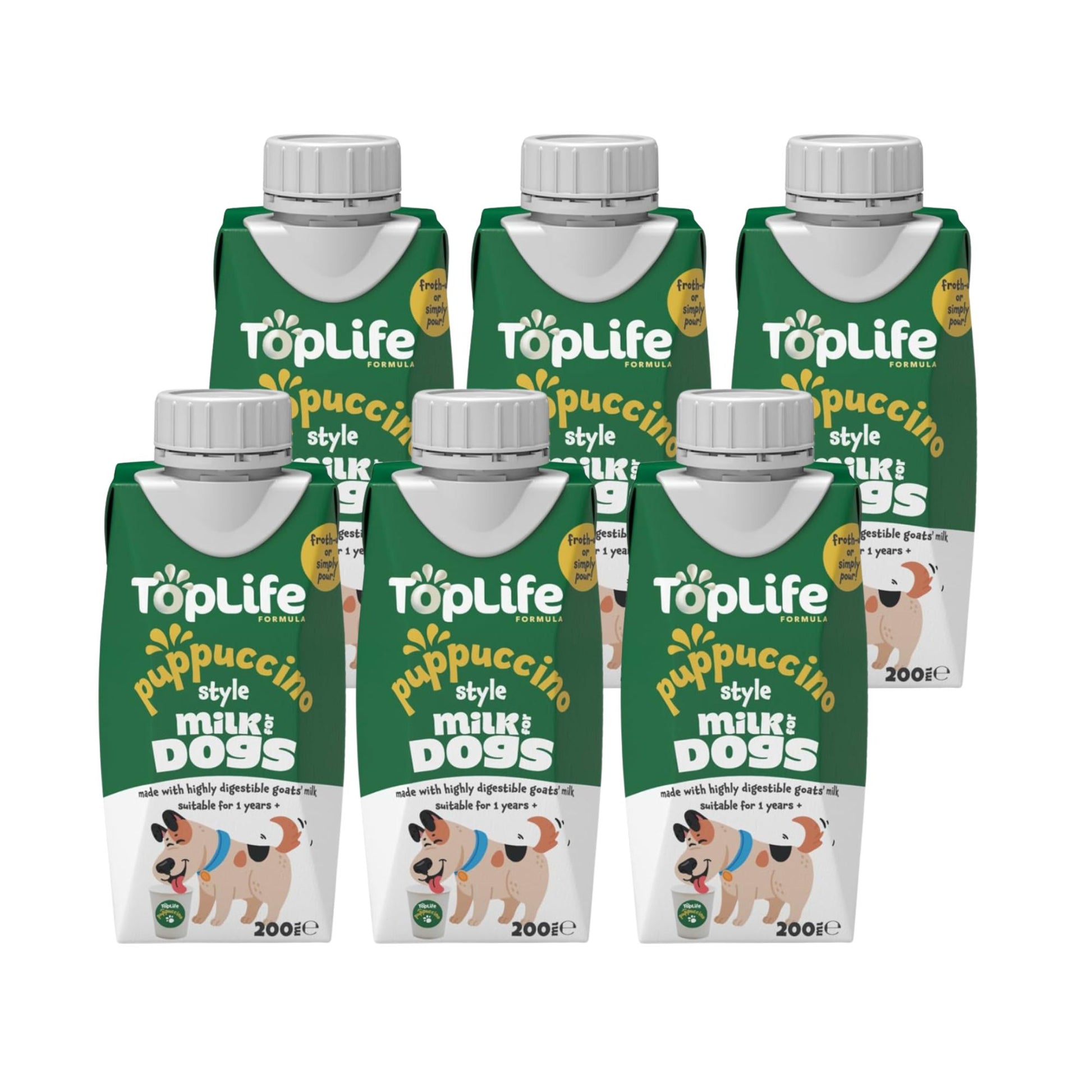 TopLife Puppuccino-Style Milk for Dogs Cartons, 6 x 200ml, on a white background.
