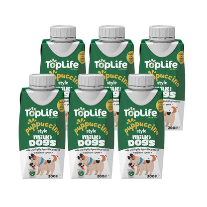 TopLife Puppuccino-Style Milk for Dogs Cartons, 6 x 200ml, on a white background.