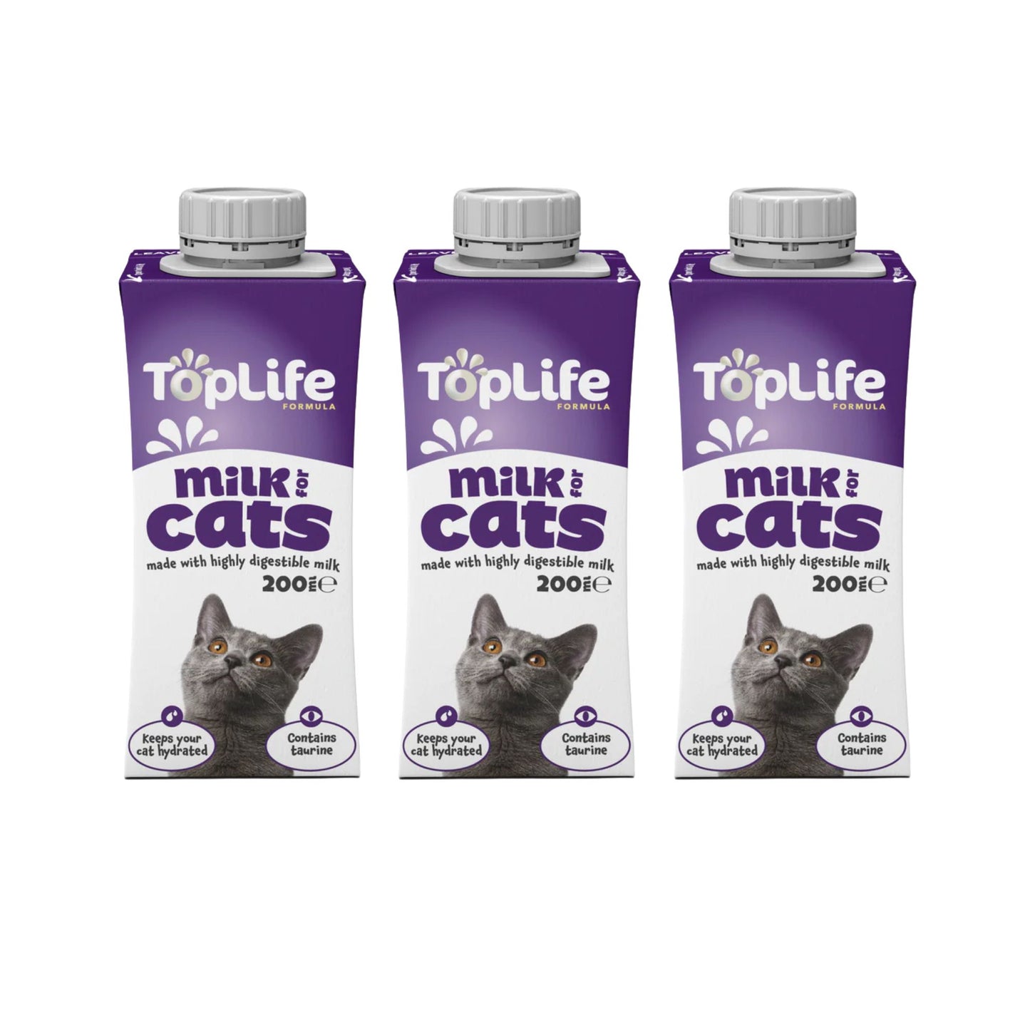 TopLife goat milk for cats 3x200ml cartons on white background