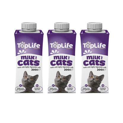TopLife goat milk for cats 3x200ml cartons on white background
