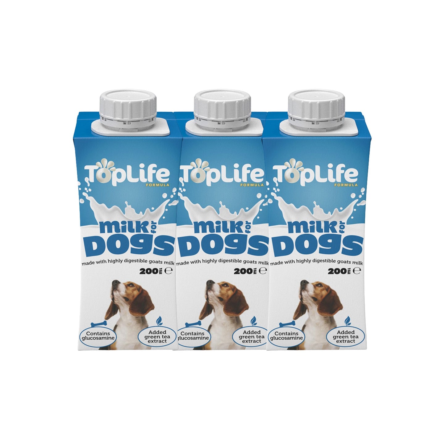 TopLife goat milk for dogs 3x200ml cartons on white background