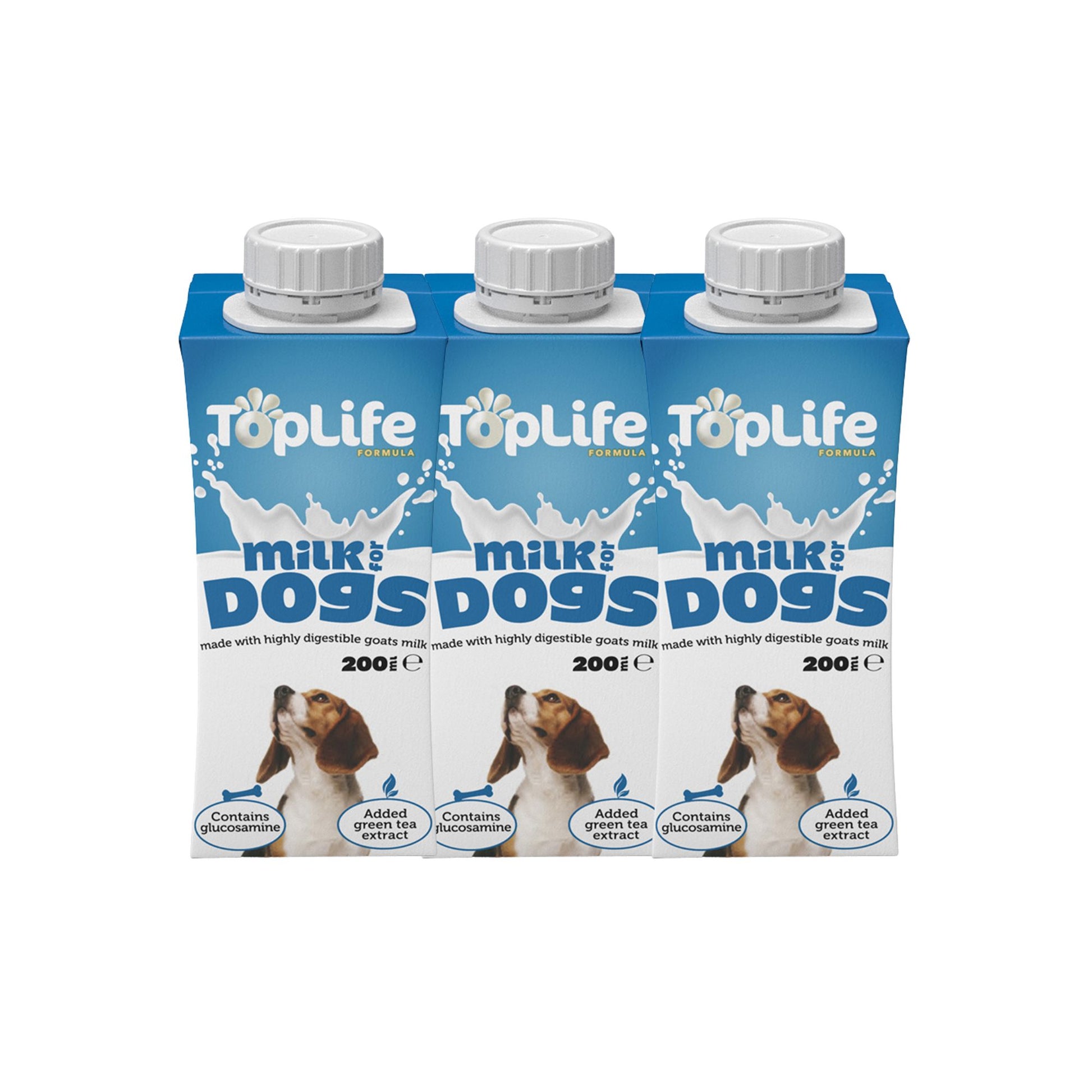 TopLife goat milk for dogs 3x200ml cartons on white background