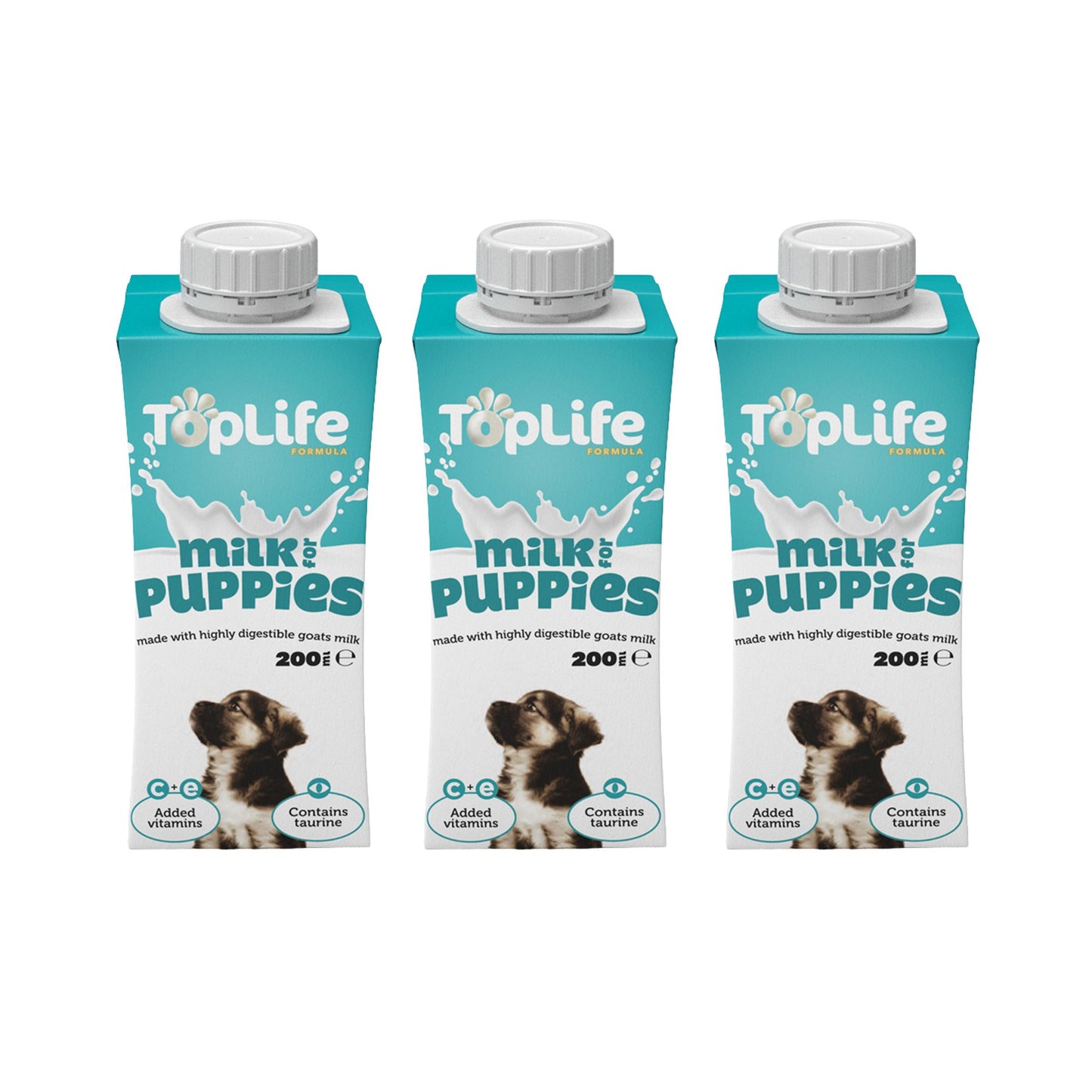 TopLife goat milk for puppies 3x200ml cartons on white background