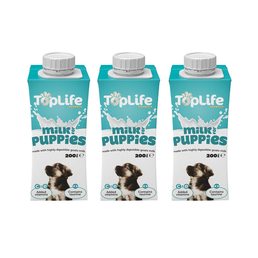 TopLife goat milk for puppies 3x200ml cartons on white background