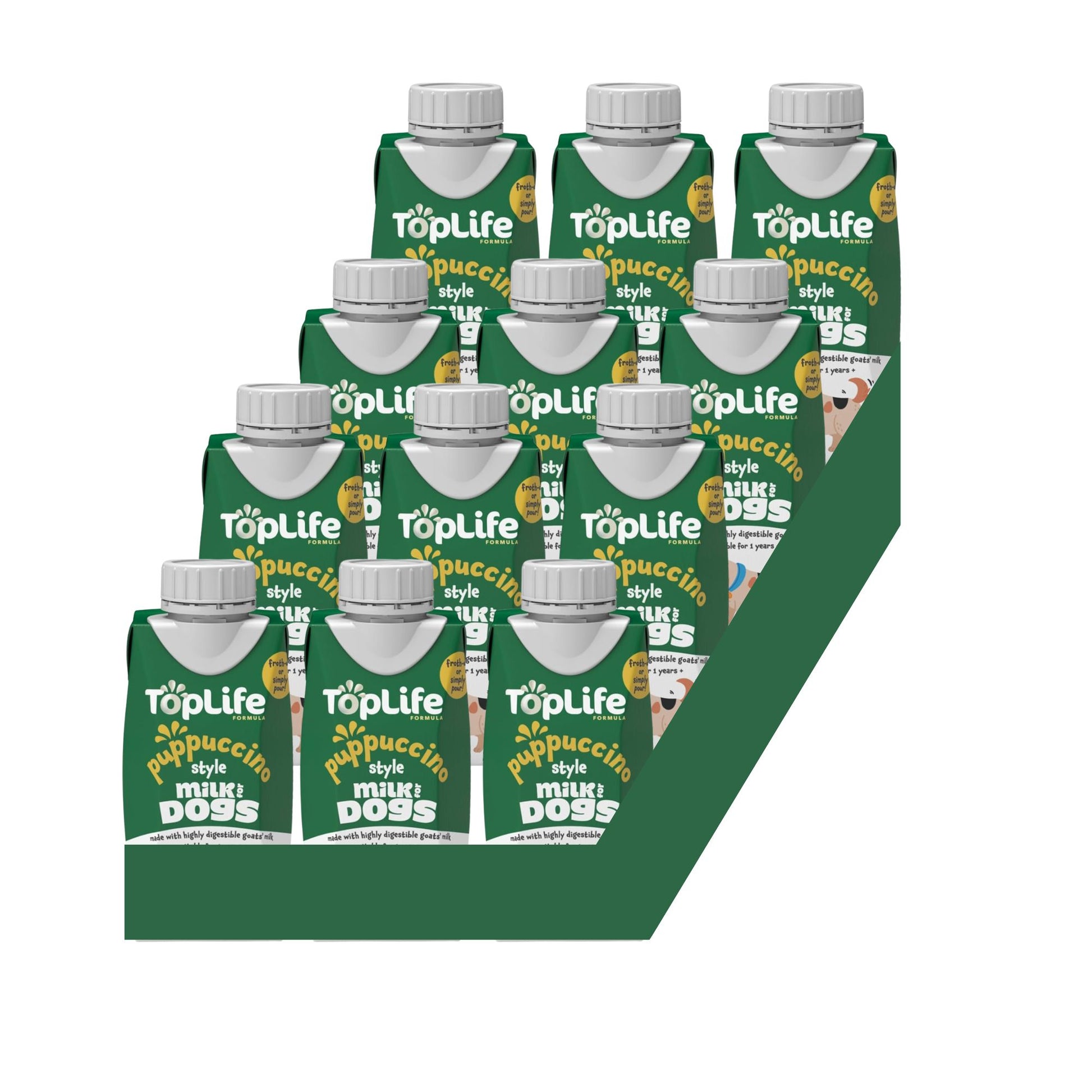 TopLife Puppuccino-Style Milk for Dogs Cartons, 12 x 200ml, on a white background.