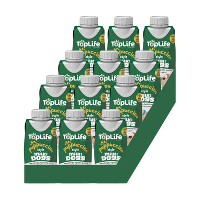 TopLife Puppuccino-Style Milk for Dogs Cartons, 12 x 200ml, on a white background.