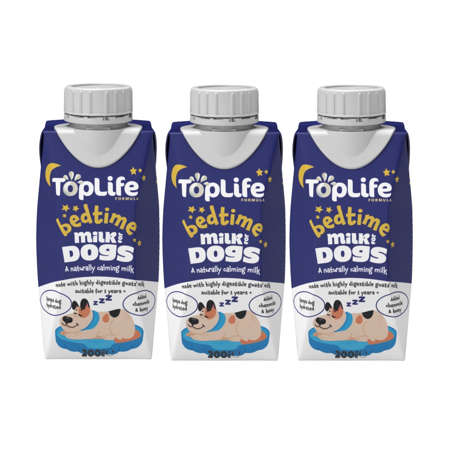 TopLife bedtime milk for dogs 3x200ml cartons on white background