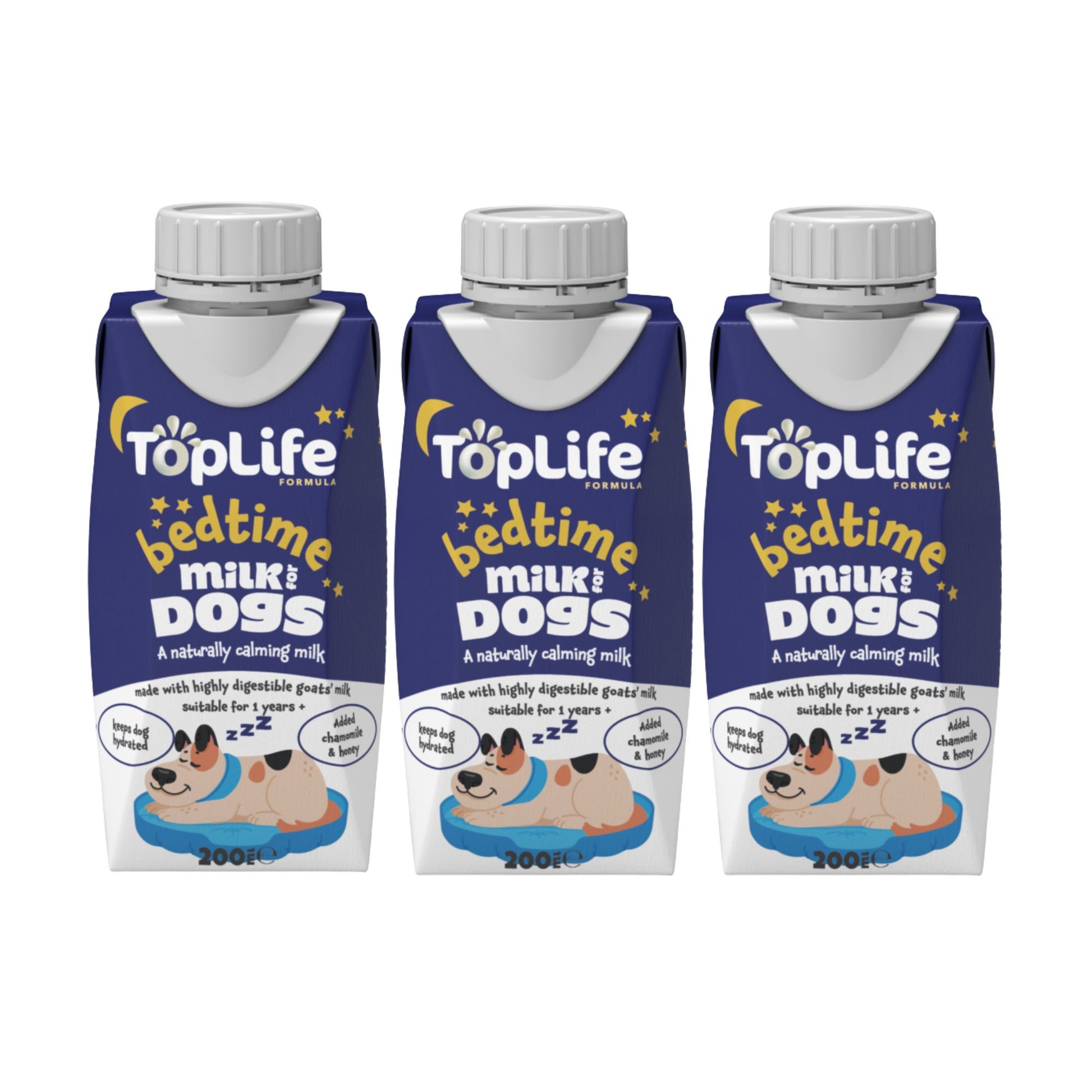 TopLife bedtime milk for dogs 3x200ml cartons on white background