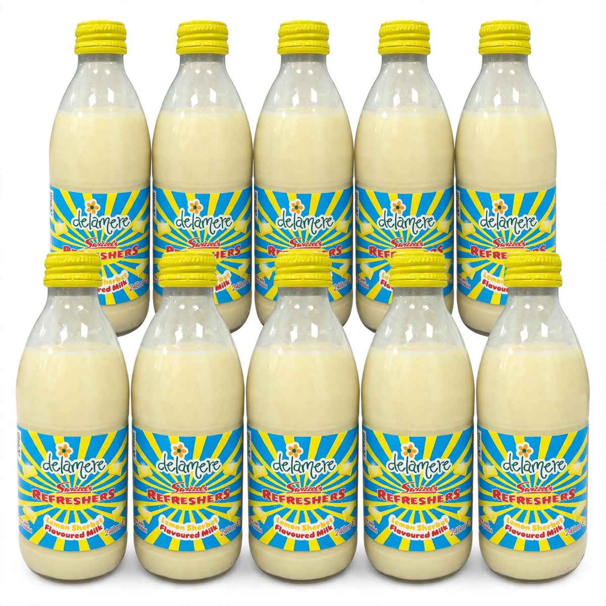 Delamere x Swizzels Flavoured Milk - Raspberry, Rhubarb & Custard, Lemon Sherbet - 240ml Glass Bottle