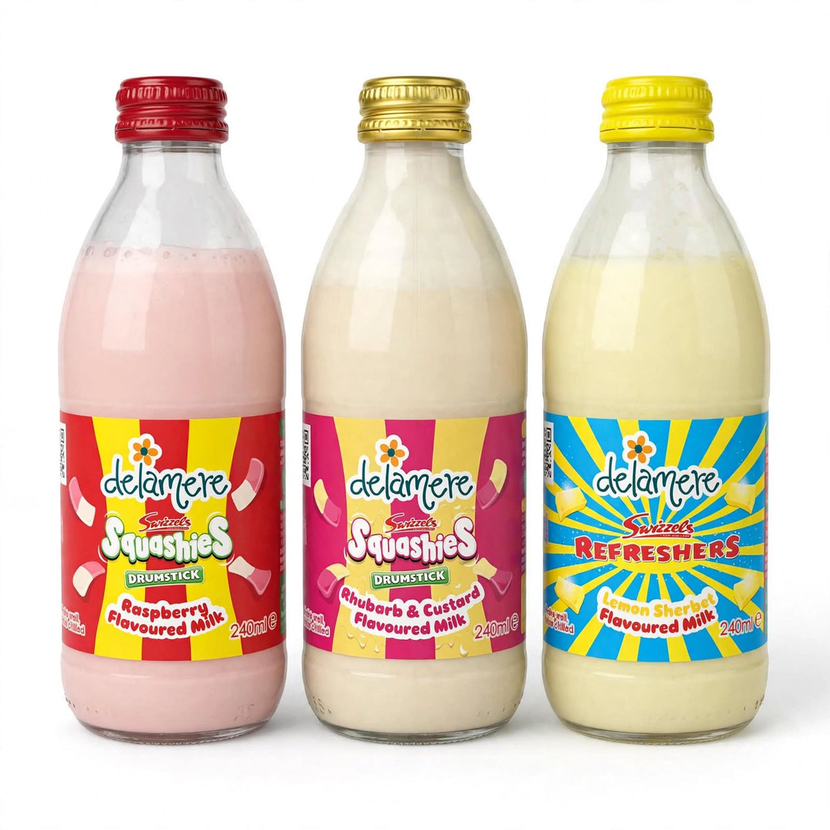 Delamere x Swizzels Flavoured Milk - Raspberry, Rhubarb & Custard, Lemon Sherbet - 240ml Glass Bottle